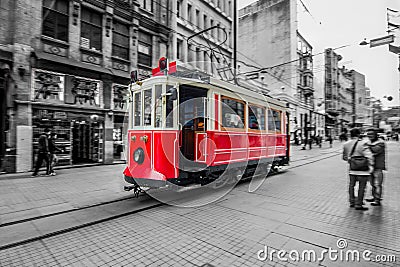 Red tram in Istanbul, Istiklal street, Turkey Stock Photo