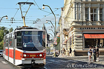 Red tram, Prague Editorial Stock Photo