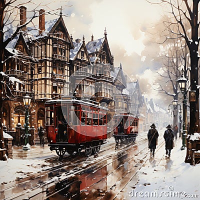 a red tram in a snowy city, with old victorian houses, winter tree, and people walking in the cold during Christmas Stock Photo