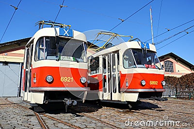 Red tram Tatra T3, the worlds most widespread tramcar type Editorial Stock Photo