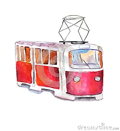 Red tram in watercolor style Stock Photo