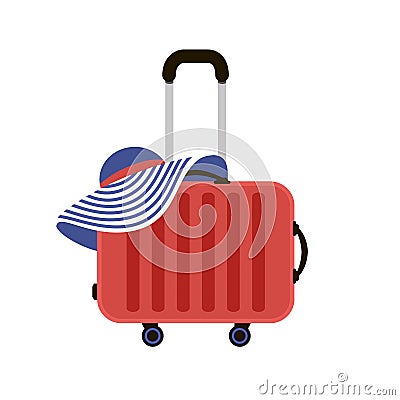 Red Travel Suitcases. Woman summer hat. Time to Travel. Trip to World. Vacation. Holidays. Travel banner. Front view Vector Illustration