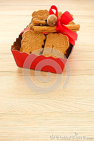 Red Tray filled with Spiced Biscuits with Almonds Spekulatius Stock Photo
