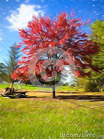 Red tree 02, Digital Art by Afonso Farias Cartoon Illustration