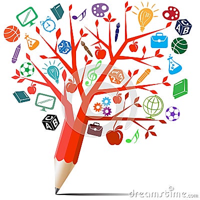 Red tree pencil with symbols. Vector Illustration