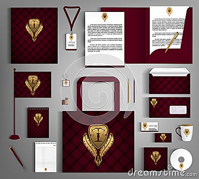 Red trendy corporate identity template design with gold Notary symbol. Vector Illustration