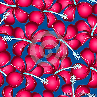 Red tropical hibiscus flowers with blue pistil seamless pattern Vector Illustration