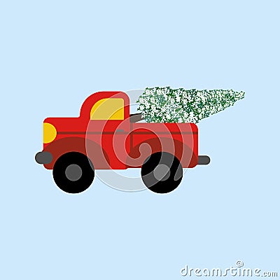 Red truck with christmas tree Vector Illustration