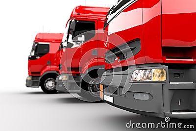 Row of three bright red trucks Stock Photo