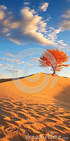 Colorful Neo-romanticism: Autumn Dune With Orange Tree Stock Photo