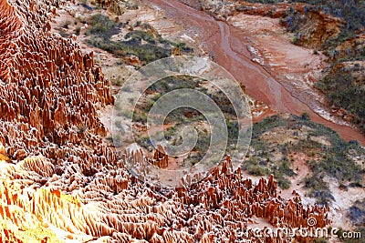 The Tsingy Rouge Red Tsingy is a stone formation of red laterite formed by erosion of the Irodo River in the region of Diana in Stock Photo