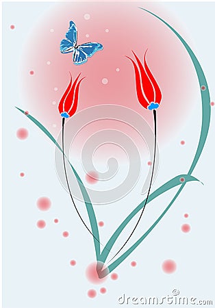 Red tulip flowers butterfly Cartoon Illustration