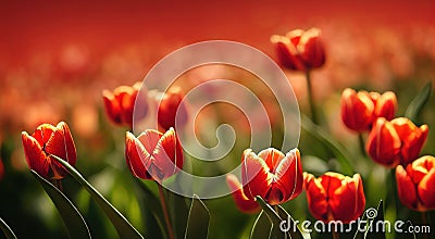 Red tulip heads flower on thin stems with leaves in field. Stock Photo