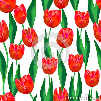 Wonderful Red tulips and green leaves on a white background. Wonderful seamless pattern. Vector Illustration