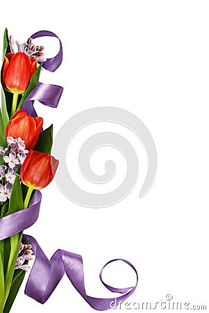 Red tulips with lilac flowers and silk ribbon in corner spring a Stock Photo