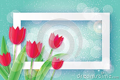 Red Tulips. Paper cut flower. 8 March. Women`s Day. Rectangle frame Vector Illustration