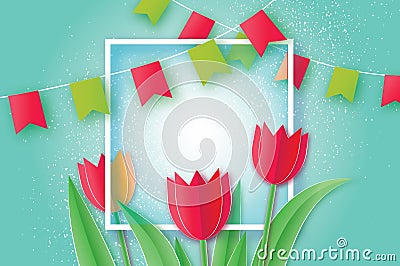 Red Tulips. Paper cut flower. 8 March. Women`s Day. Square frame Vector Illustration
