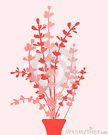 Red twigs with leaves in vase vector flat illustration. Happy spring Day, Woman day, discount design template. Vector Illustration