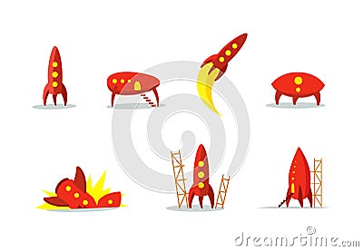 Red ufo aircraft and rocket set color illustration. The startup metaphor. Ready to start. The beginning path to the Vector Illustration