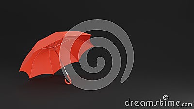 Red umbrella lying on the floor. Minimal black background with copy space. Weather concept. 3D rendering image. Stock Photo