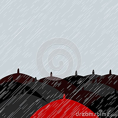 Red umbrella and many black umbrellas background with place for Vector Illustration