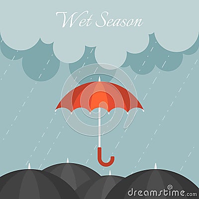 Red umbrella in rainy day with black umbrella and cloudy sky Vector Illustration