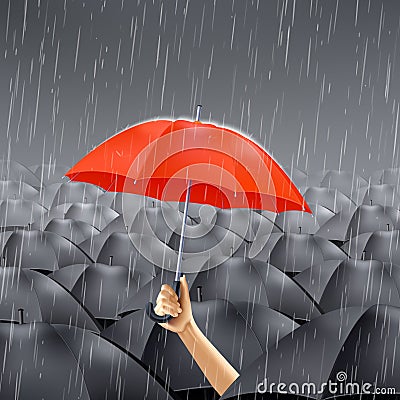 Red Umbrella Under Rain Vector Illustration