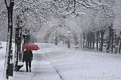 Red umbrella under the snow Stock Photo