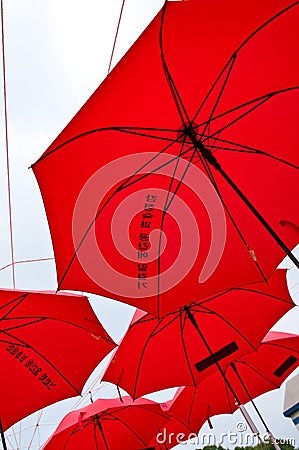 Red umbrellas art project in South Korea Editorial Stock Photo