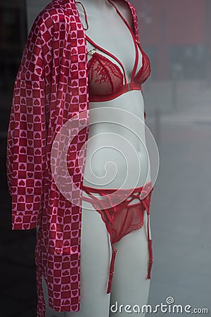 red underwear with little hearts on mannequin in a fashion store showroom Stock Photo