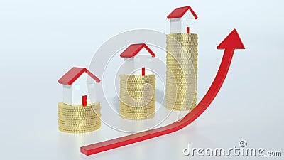 Red up arrow in front of miniature house models standing on stacks of gold coins. Stock Photo