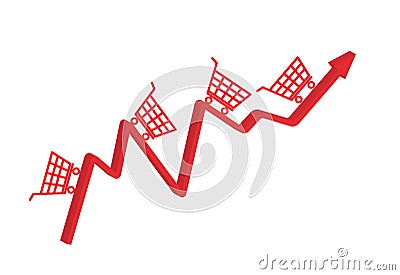 Red up arrow with miniature shopping carts on white background - concept of rise of E-commerce Stock Photo