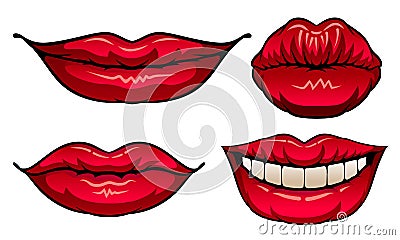 Red Upper and Lower Lips Closed and Showing Teeth in Smile Vector Set Vector Illustration