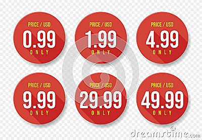 Red USD Price stickers set. Sale 0.99 1.99 4.99 9.99 29.99 and 49.99 Dollars Only Offer Badge Sticker Design in Flat Style. Vector Vector Illustration