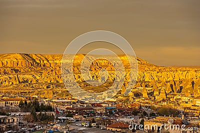 Red Valley and Rose Valley and downtown of Goreme under the sunset in Cappadocia, Turkey. Red Valley and Rose Valley Cappadocia Editorial Stock Photo