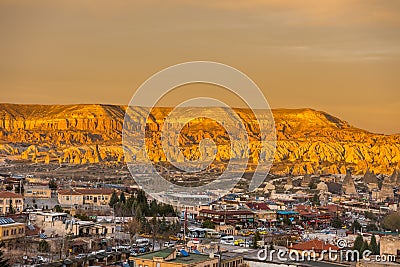 Red Valley and Rose Valley and downtown of Goreme under the sunset in Cappadocia, Turkey. Red Valley and Rose Valley Cappadocia Editorial Stock Photo