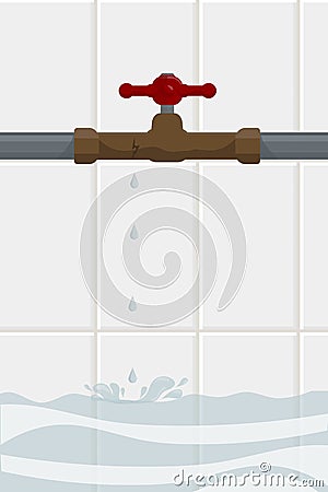 Red valve on a water pipe from which drops drip from a crack Vector Illustration