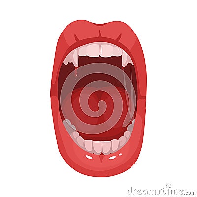 Red vampire lips. Cartoon screaming mouth with long canine teeth. vector illustration Vector Illustration