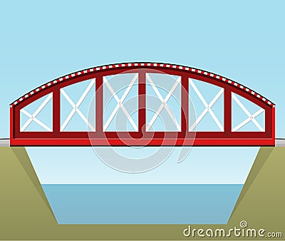 Red vector train bridge, 2d side view, on white background. Vector Illustration