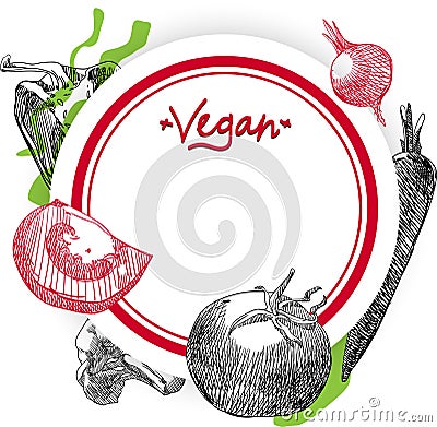 Vegan round background with vegetables. Vector Illustration