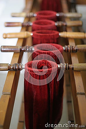 Red Velvet Offering Bags Stock Photo