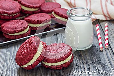 Red velvet sandwich cookies Stock Photo