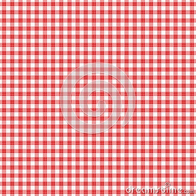 Red vichy check, or gingham, print background. Seamless, or repeat, pattern. Fabric texture visible. Vector Illustration