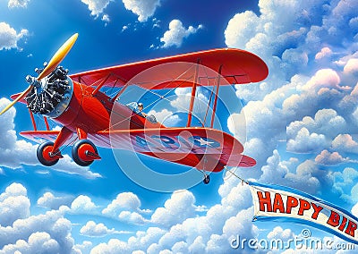 Red Vintage Biplane With Birthday Banner Stock Photo