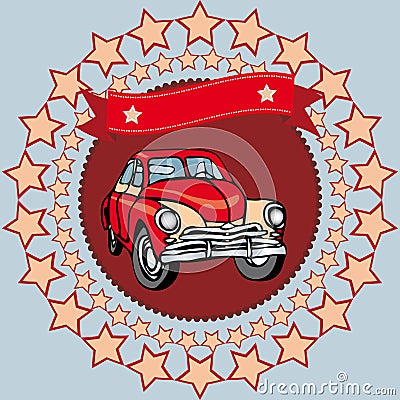 Red vintage car on a gray background with stars and ribbon. Vector Vector Illustration