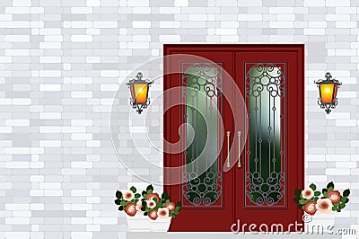 Red vintage front door, house entrance, grey brick wall Vector Illustration