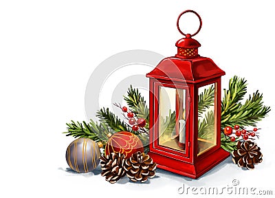 Red vintage lantern with a burning candle with Christmas toys, Decorative Christmas ornament, art illustration painted Cartoon Illustration