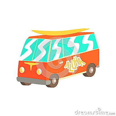 Red vintage surfing van with surfboard, classic minivan cartoon vector Illustration Vector Illustration