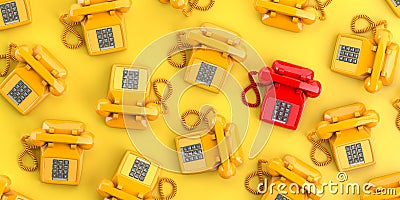 Red vintage telephone on background from yellow retro telephones. Contact us and support concept background Cartoon Illustration