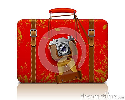 Red vintage threadbare suitcase with a retro photo camera Vector Illustration